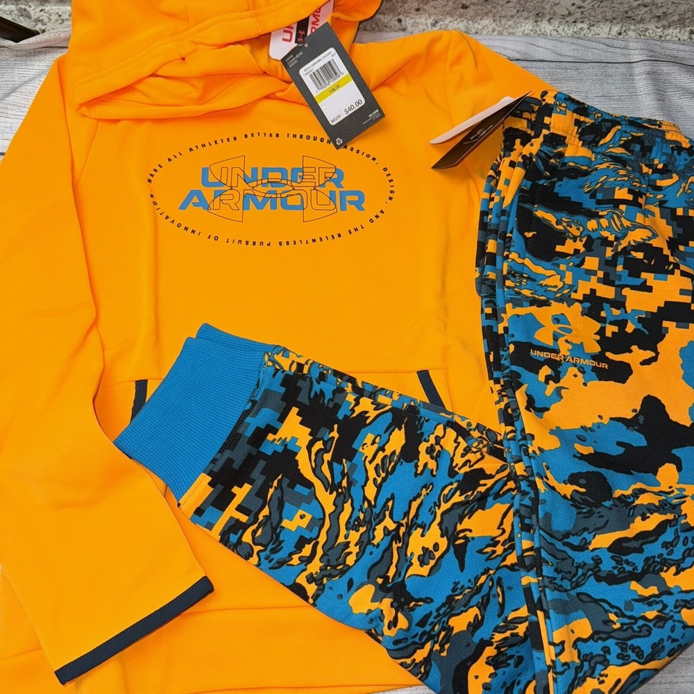 Under Armour Boys Youth Medium (10/12) Orange Blue Hoodie Joggers Outfit Set NEW
